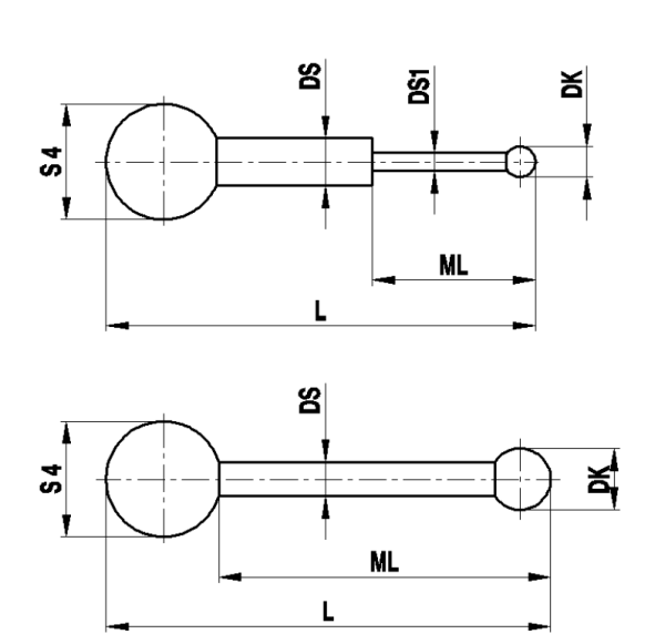 Щуп M5 поворотный, шарик из синтетического рубина Ø2, карбид вольфрама, L 28,5 мм, ML 24,5 мм, для систем Zeiss